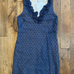 Sara Campbell Navy Cotton Eyelet Ruffle Neck Sleeveless Sheath Dress Size 4